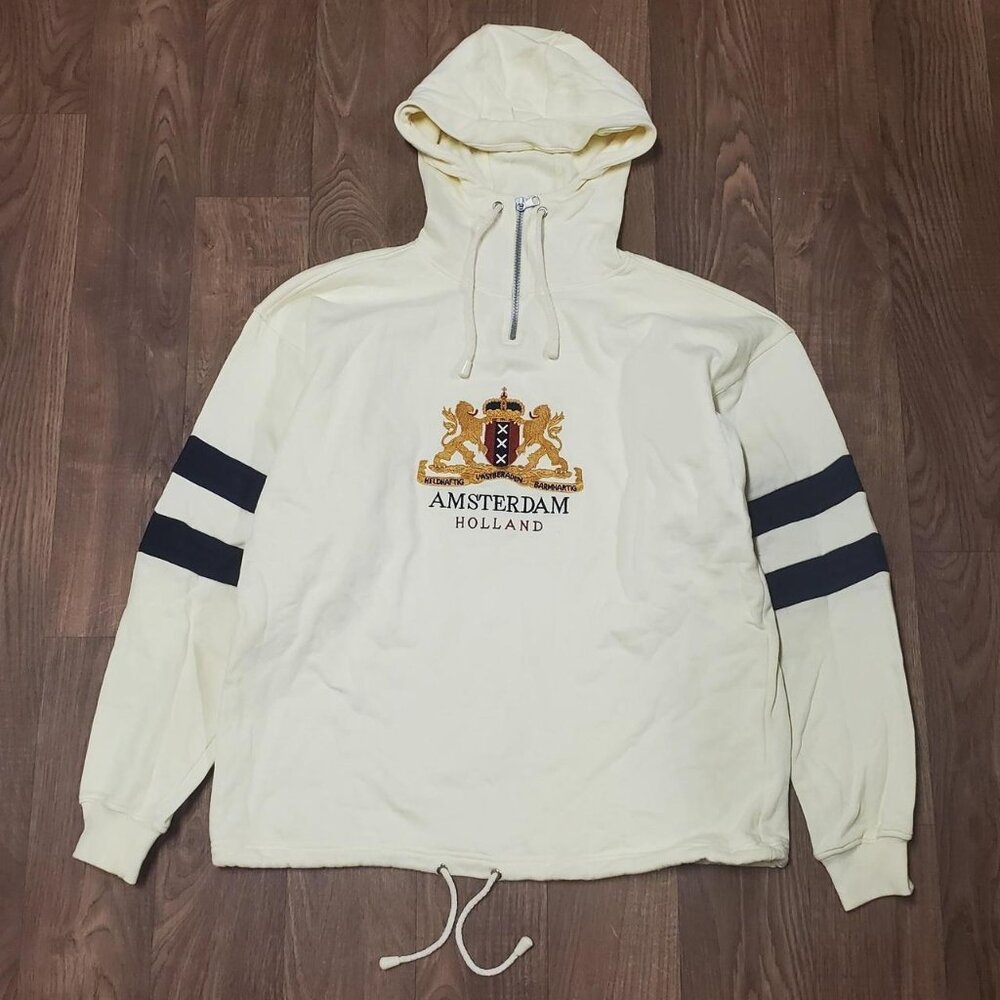 mens beige vintage 90s Amsterdam Holland Crest pullover 1/4 zip hoodie